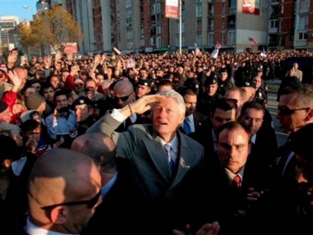 Former US President Bill Clinton attended the unveiling of a statue of himself in the capital of Kosovo, Pristina today   Photo: AFP/GETTY IMAGES