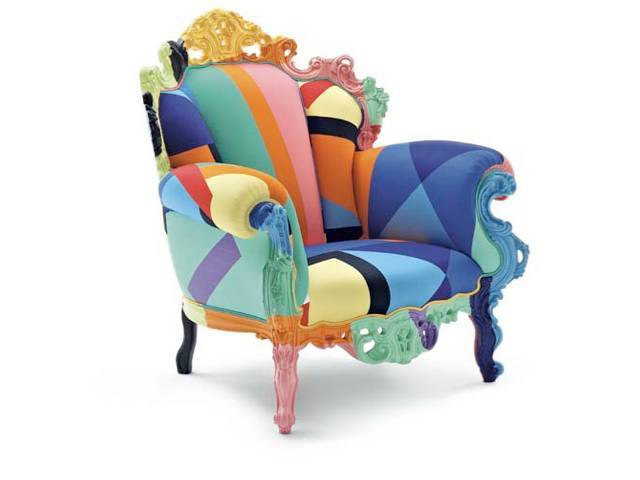 Capellini has reupholstered the Proust Geometrica, in a new cotton fabric by Alessandro Mendini