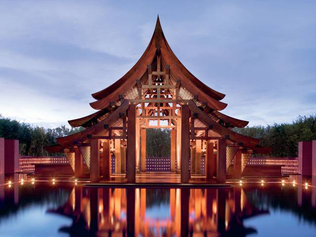 View of the Arrival Pavilion at night